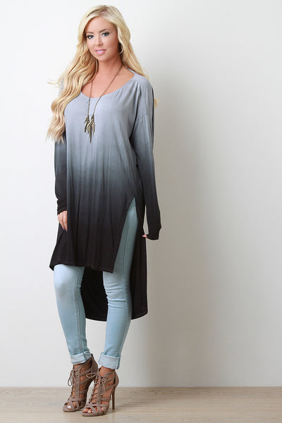 Ombre Draped Back Long Sleeves High Low Slit Midi Top