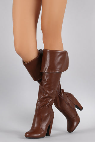 Bamboo Cuff Elastic Gore Chunky Heeled Knee High Boots