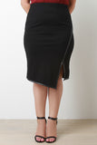 Asymmetrical Hem Vegan Leather Trim Slit Midi Skirt