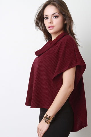 Ribbed Knit Cowl Neck Poncho Top